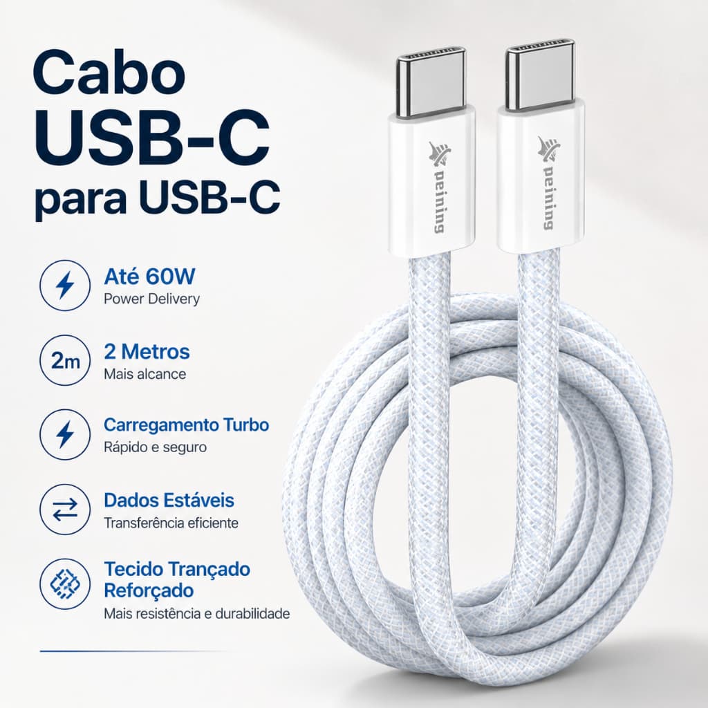 Cabo Carregador Turbo Tipo-C 60W 2 Metros Reforçado