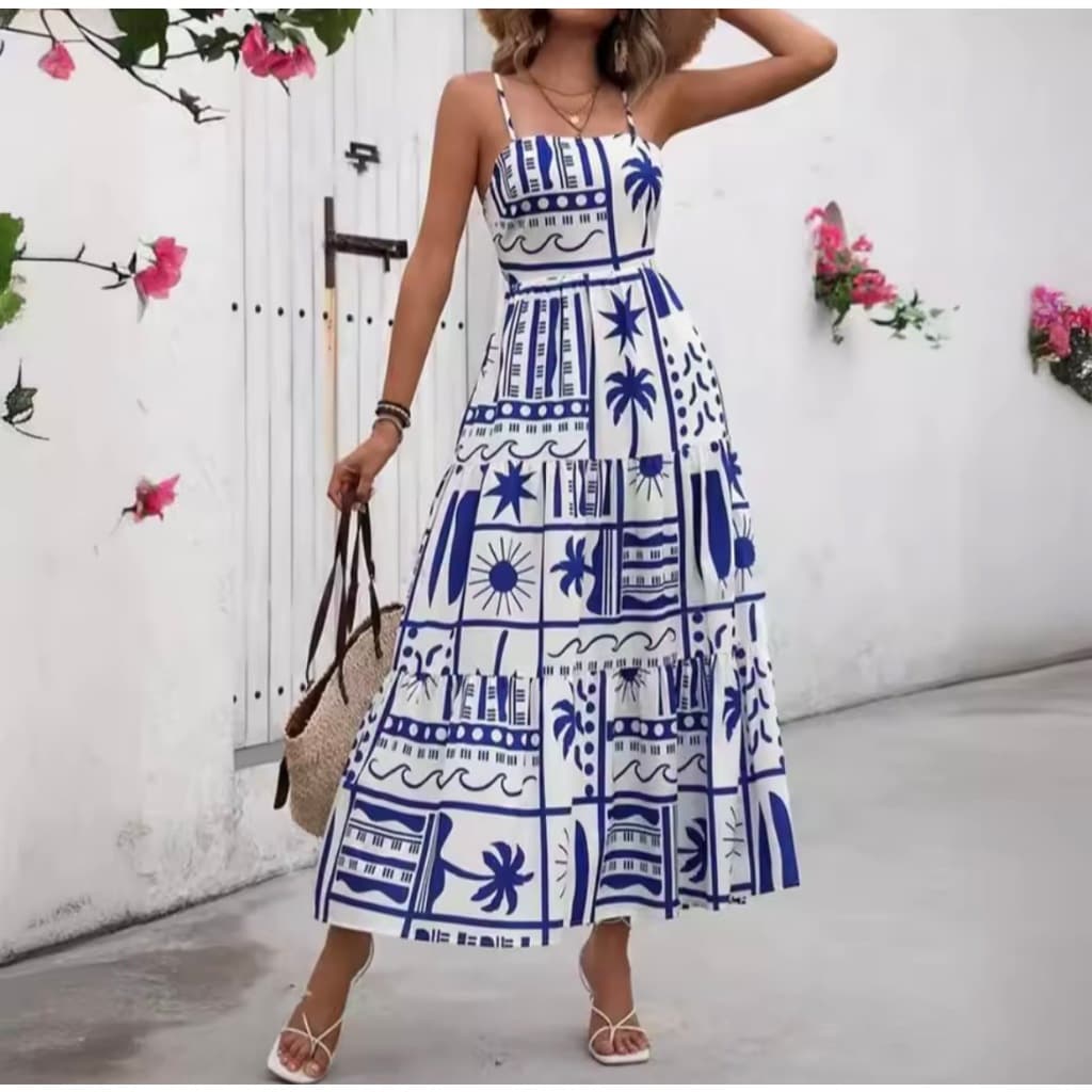 Vestido Midi Feminino Estampado Alças Finas Casual Elegante Verão