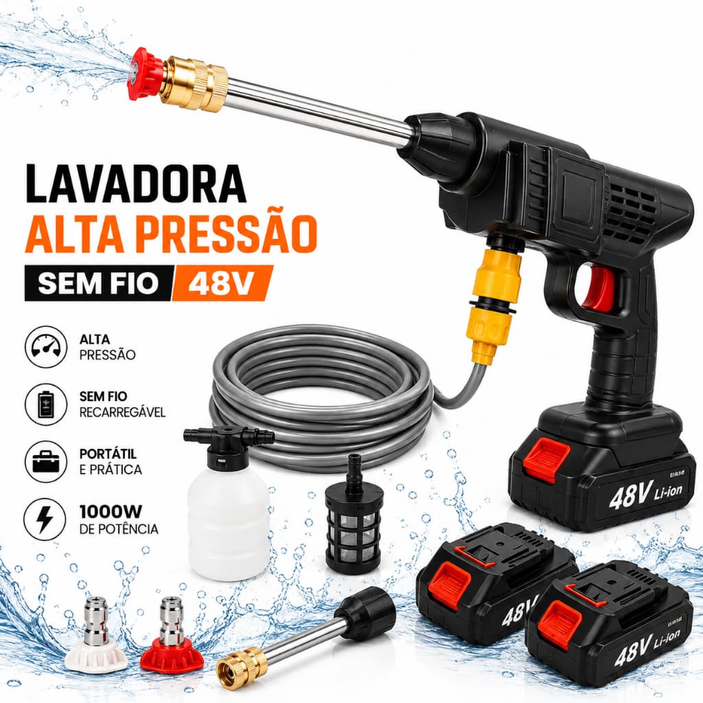 Lavadora de Alta Pressão Portátil Sem Fio 48V 1000W 2 Baterias Recarregáveis - Com Papelão
