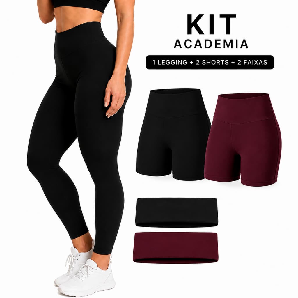 Kit Academia Feminino 1 Legging + 2 Shorts + 2 Faixas Cintura Alta Compressão Zero Transparência Levanta Bumbum