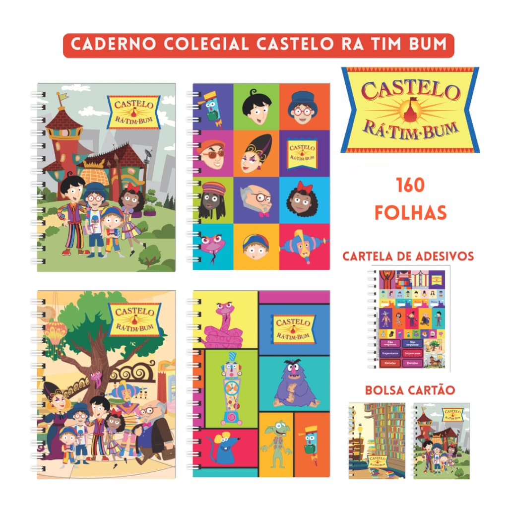 Caderno Colegial Castelo Ra Tim Bum 160 folhas Colecionável Bolsa Cartão+Adesivos 3B Cadernos