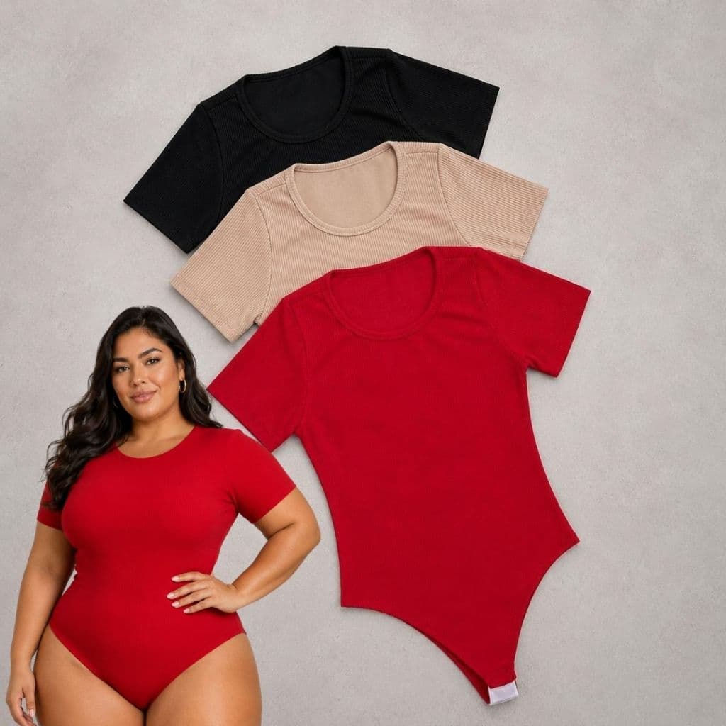 Kit 3 Bodys Feminino Plus Size Anarruga Manga Curta Decote Redondo Canelado Casual Ajustado Confortável Moda