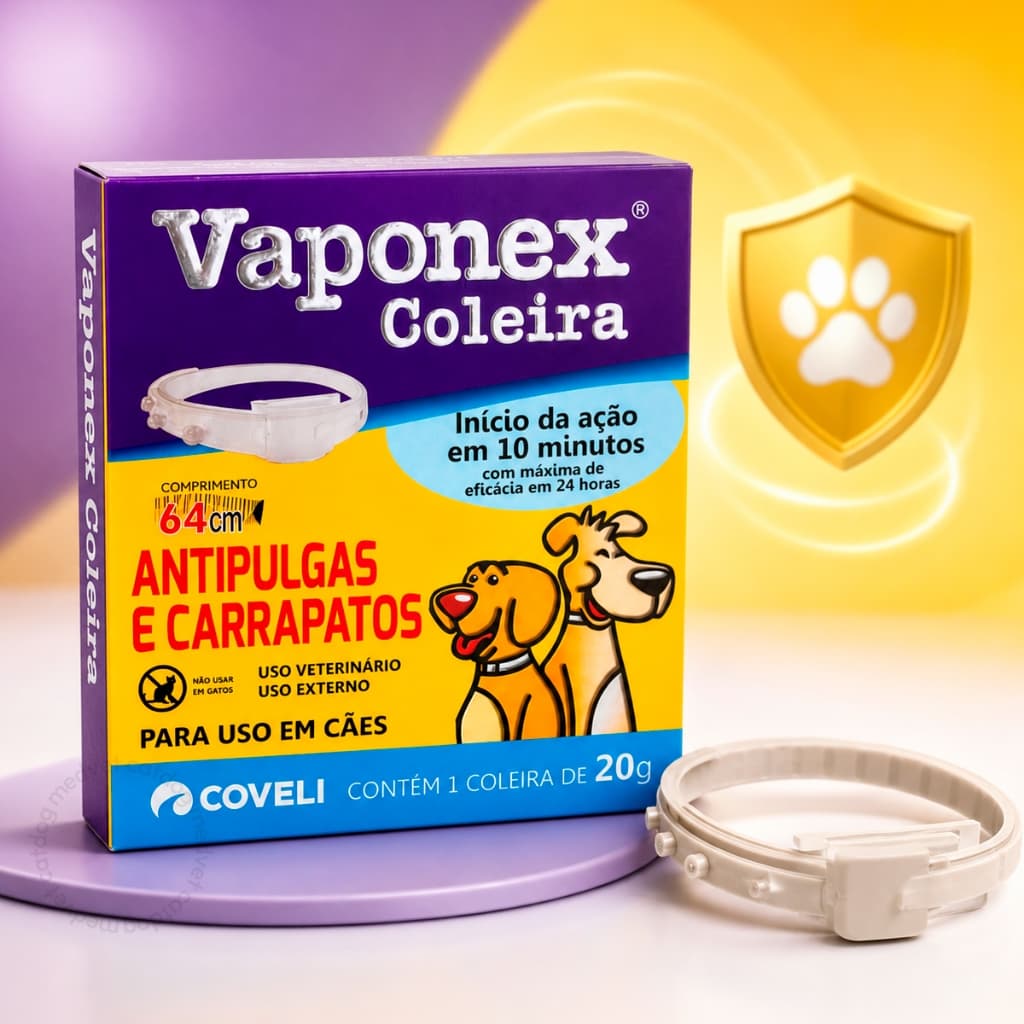Coleira Vaponex 20g Antipulgas e Carrapatos Para Cães Proteção Longa Duração