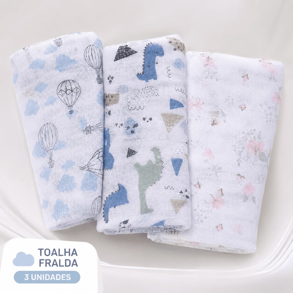 Toalha Fralda Papi Kit com 3 Unidades – 100% Algodão