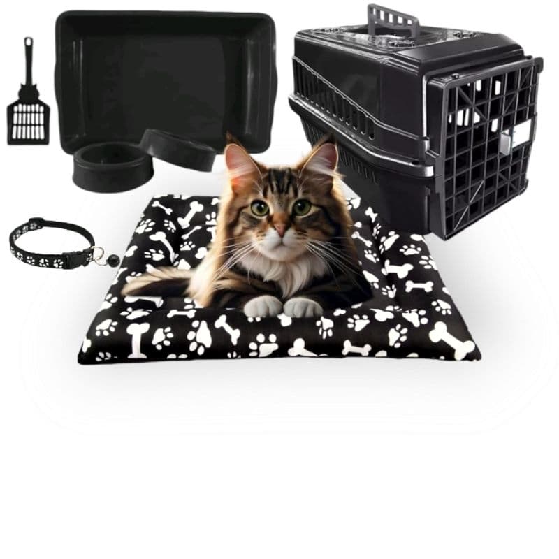 Kit Gato Completo 8 Peças Cama Sherpa Caixa de Transporte Caixa de Areia Comedouros Coleira Pá Travesseiro