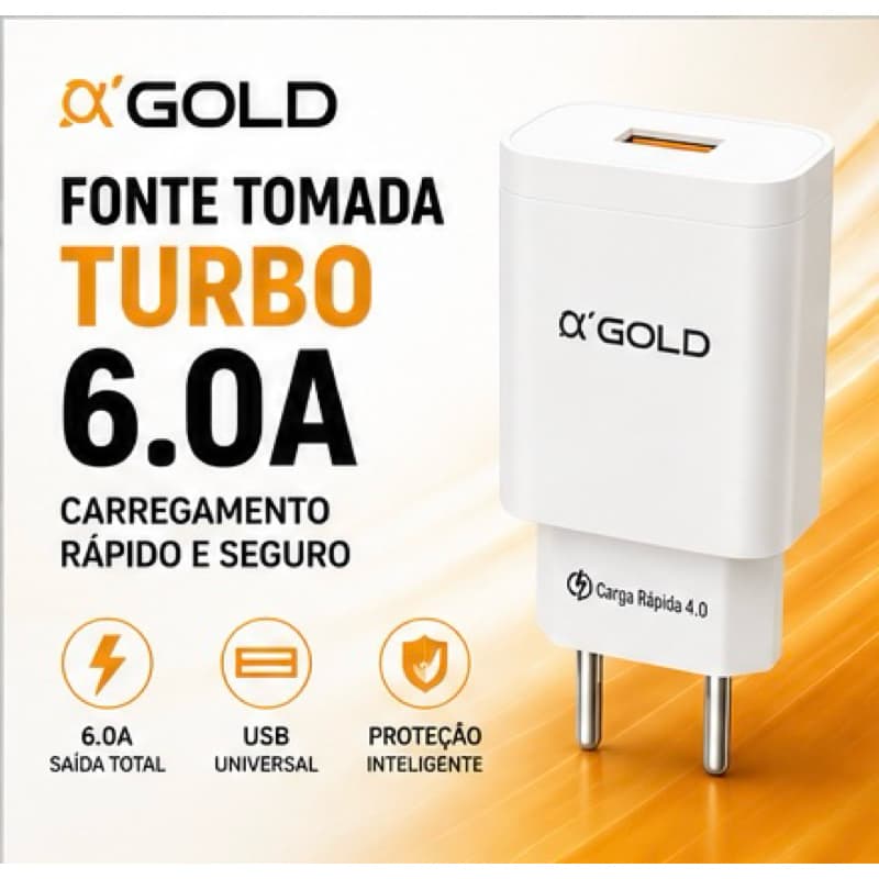 Fonte a-gold Carregador Turbo USB 6.0A 30W A ‘ Gold Bivolt Carregamento Rápido Universal A’GOLD