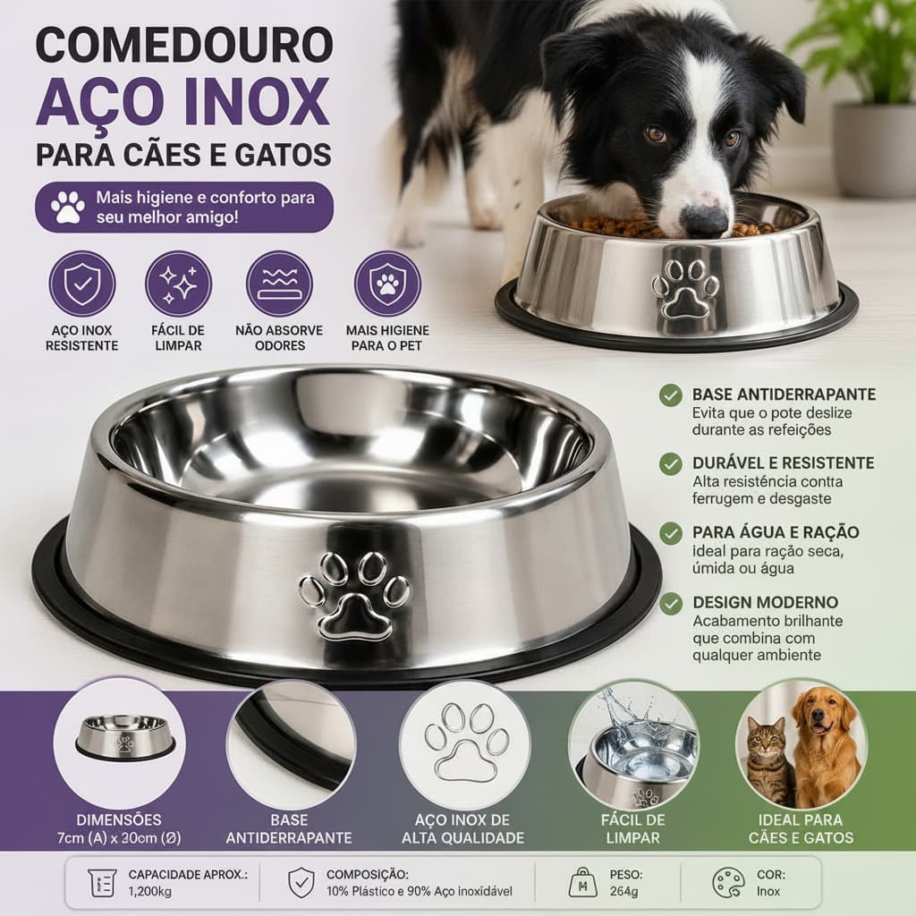 Comedouro Antiderrapante Redondo para Cachorro e Gato 1,200ml  Inox