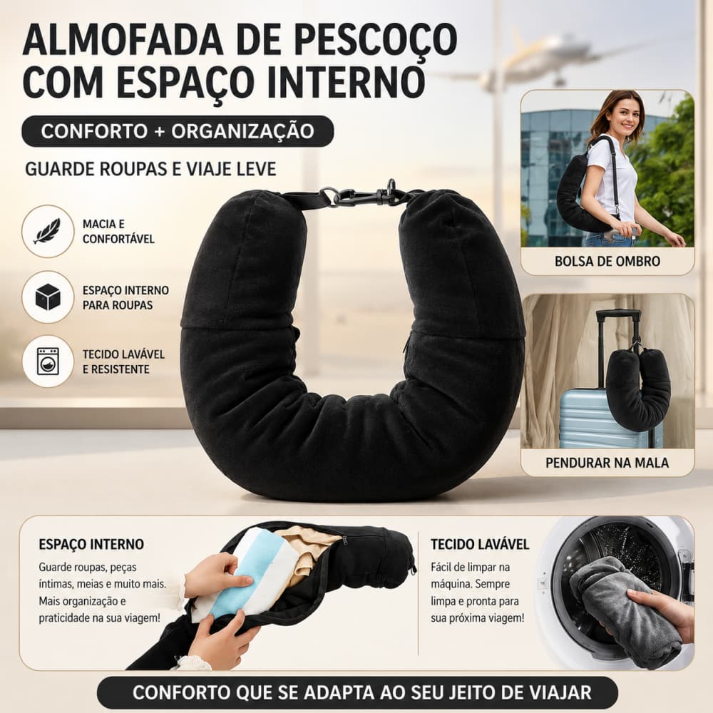 Almofada de Pescoço Viagem 2 em 1 Organizador de Mala Preencha com Roupas Avião