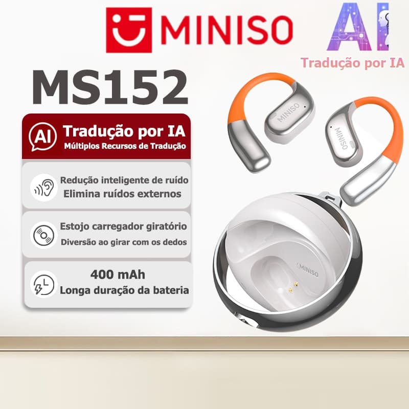 Fone Bluetooth com tradução IA MINISO MS152, Bluetooth 5.4, estojo carregador giratório, som HiFi e redução de ruído int
