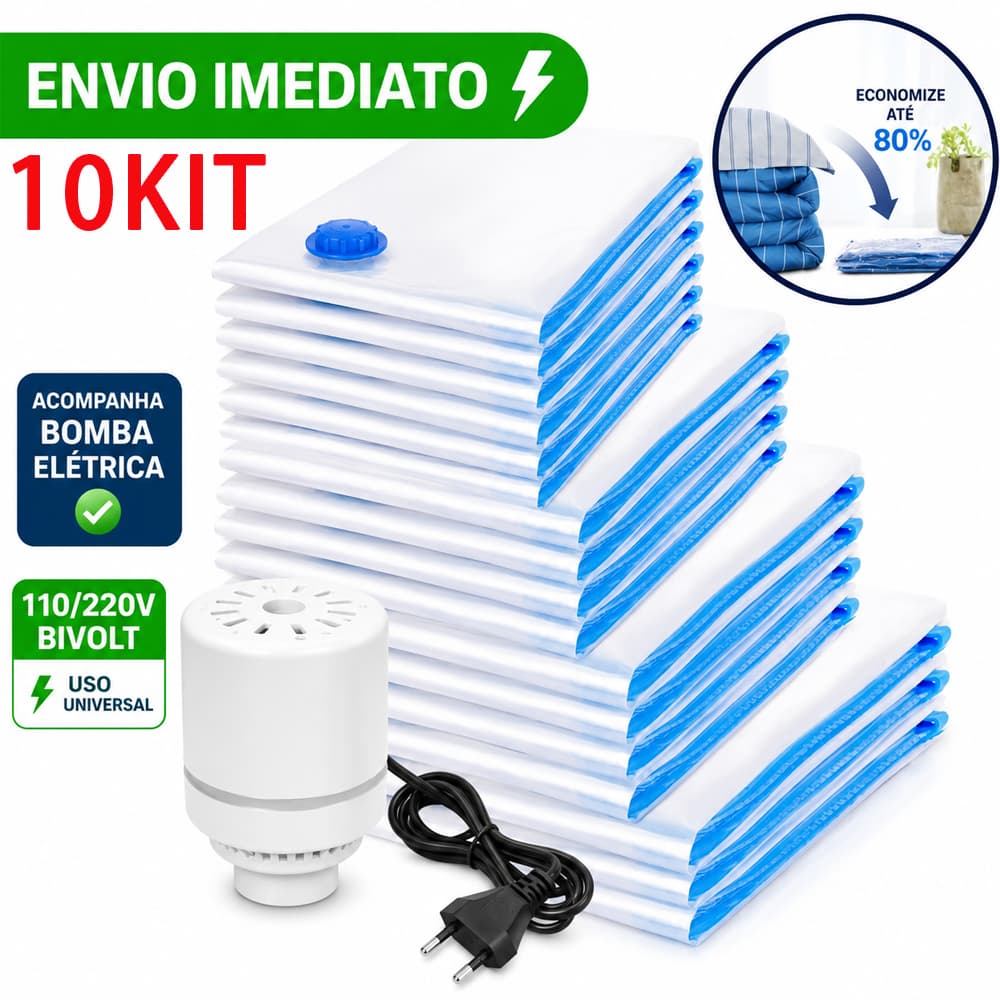 Kit 12 Saco à Vácuo Vários Tamanhos para Guarda Roupa Organização Mala Viagem Limpeza