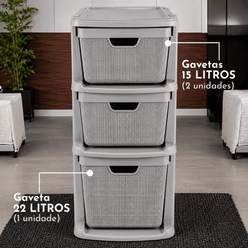 Gaveteiro Organizador Grande de Chão 15 Litros 22 Litros com 3 Gavetas em Plástico Juta Organização