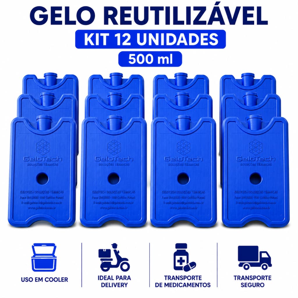 Gelo reutilizável 500 ml cooler delivery transporte remédio bolsa térmica Gelotech placa gelox kit 12 unidades