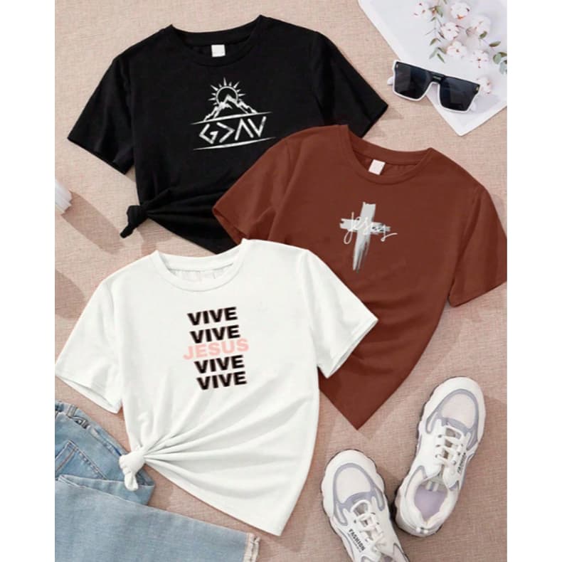 Camiseta Kit 3 blusas Cristãs Jesus Vive feminina branca e rosa marrom 100% algodão