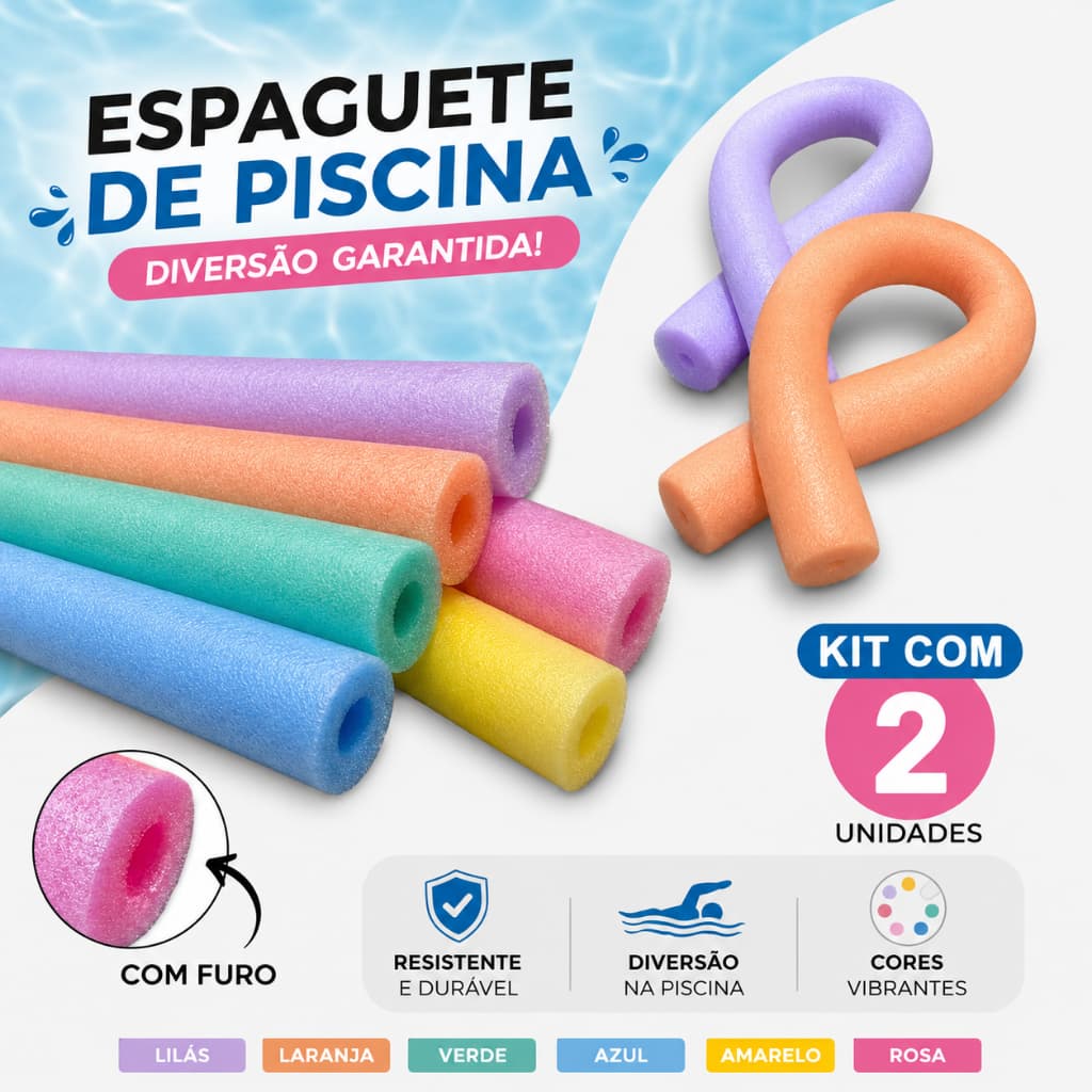 Kit 2 Boias Espaguete Piscina Infantil Adulto Macarrão Flutuador Furo Coloridos Viagem