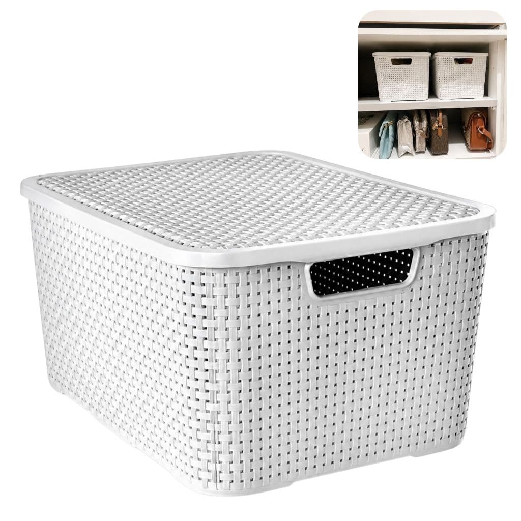 Kit Caixa Organizadora 7L Rattan  Tampa Alça Antimofo Multiuso Brinquedo Banheiro Lavanderia