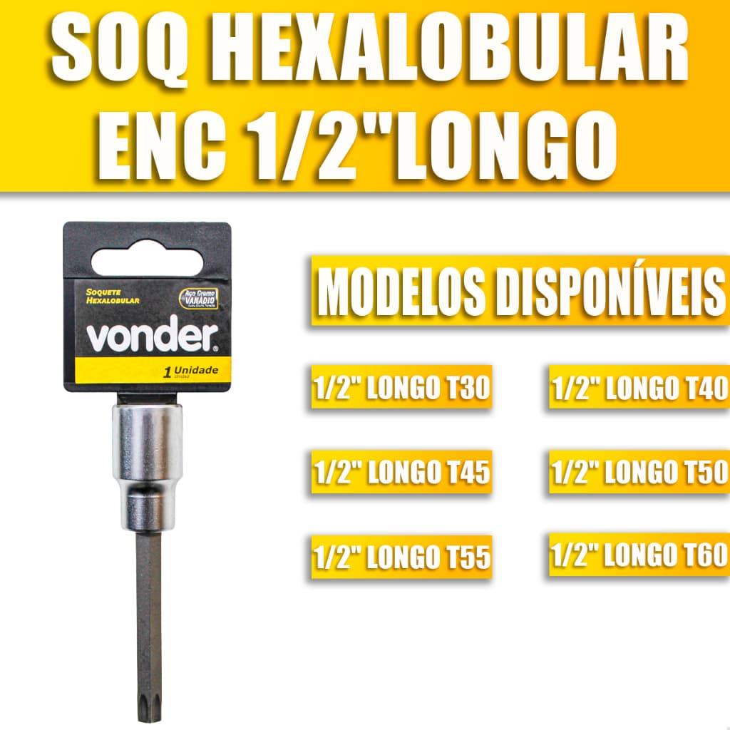 Jogo Soquete Torx Longo Encaixe 1/2 Vonder Chave Hexalobular Cromo Vanadio T30 a T60