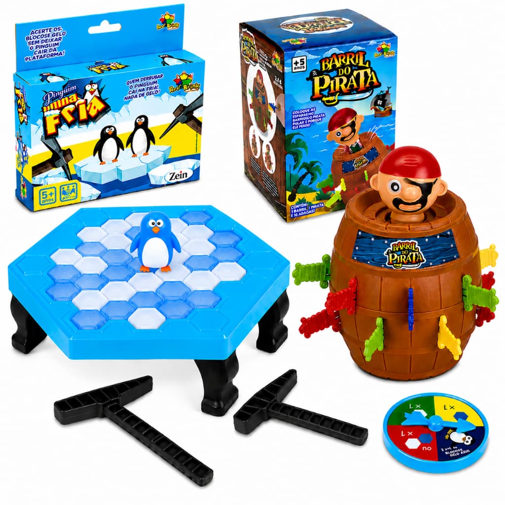 Brinquedo Jogo Barril Pula Pirata Com16 Adagas coloridas + Pinguim Quebra Gelo Numa Fria