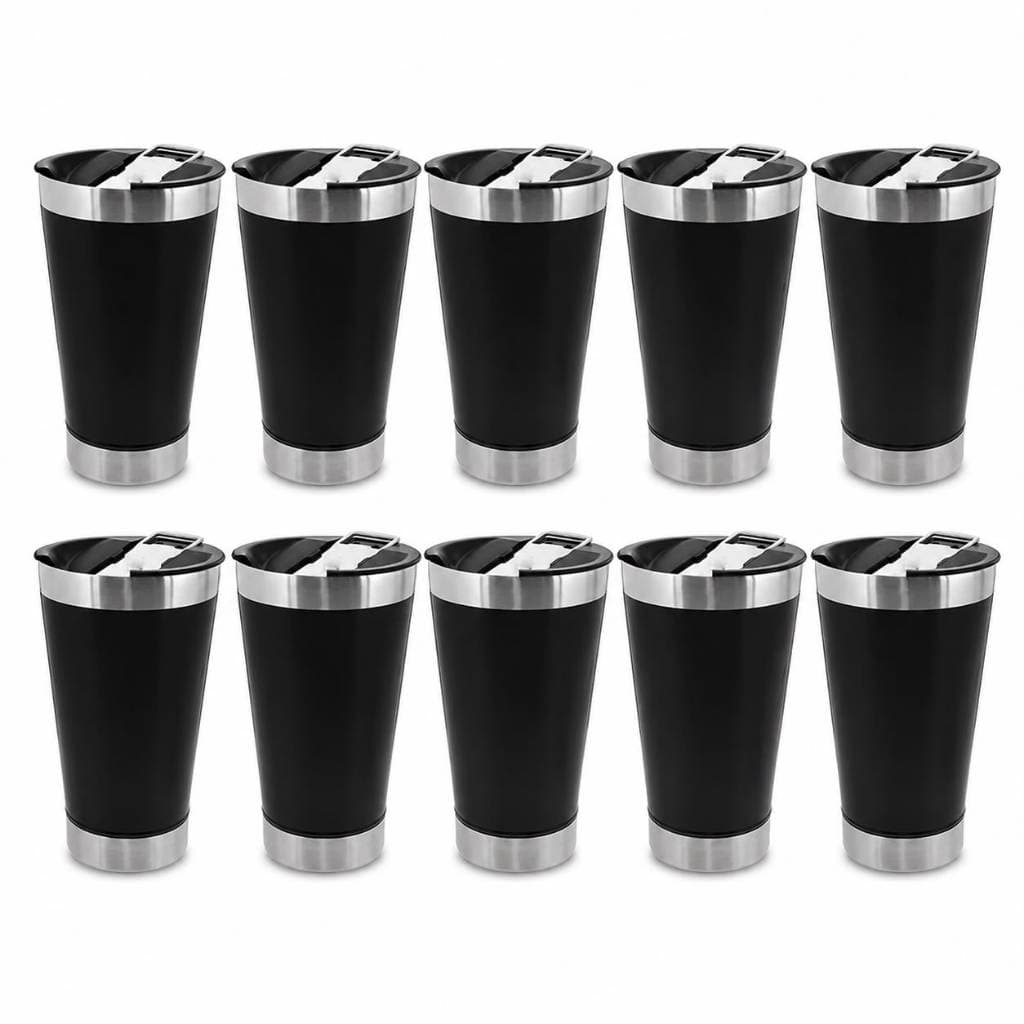 Kit 10 Copos Térmico De Cerveja Café Aço Inox 473ml Com Tampa Preto