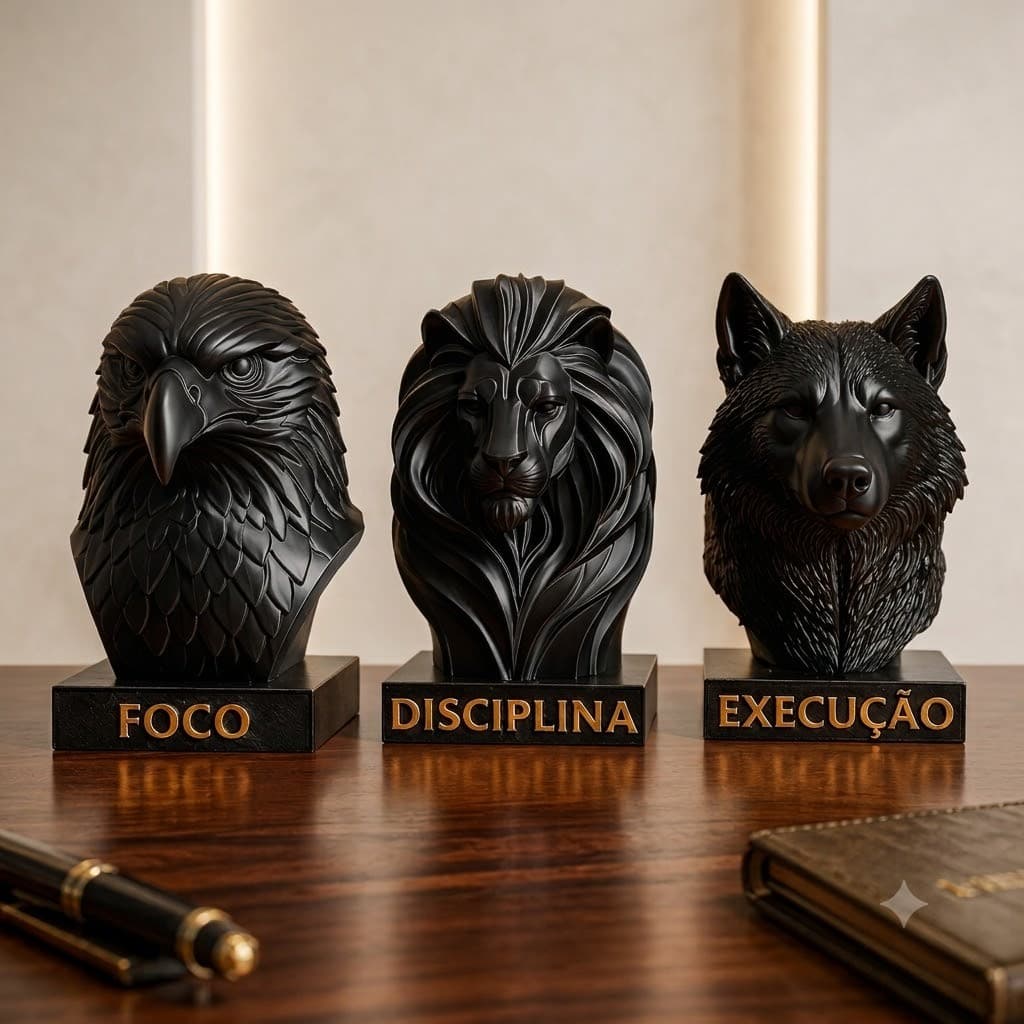 Kit 3 Esculturas Decorativas Leão Águia Lobo Foco Disciplina Execução Estátua Decoração Escritório Sala Quarto Luxo
