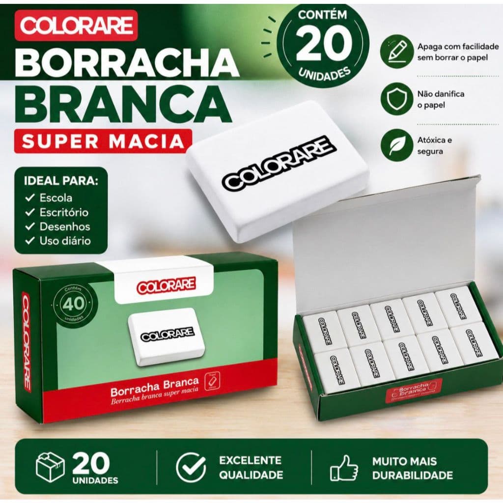 Kit com 20 Borrachas Brancas Colorare Escolar Super Macia | Modelos20, 40 e 60