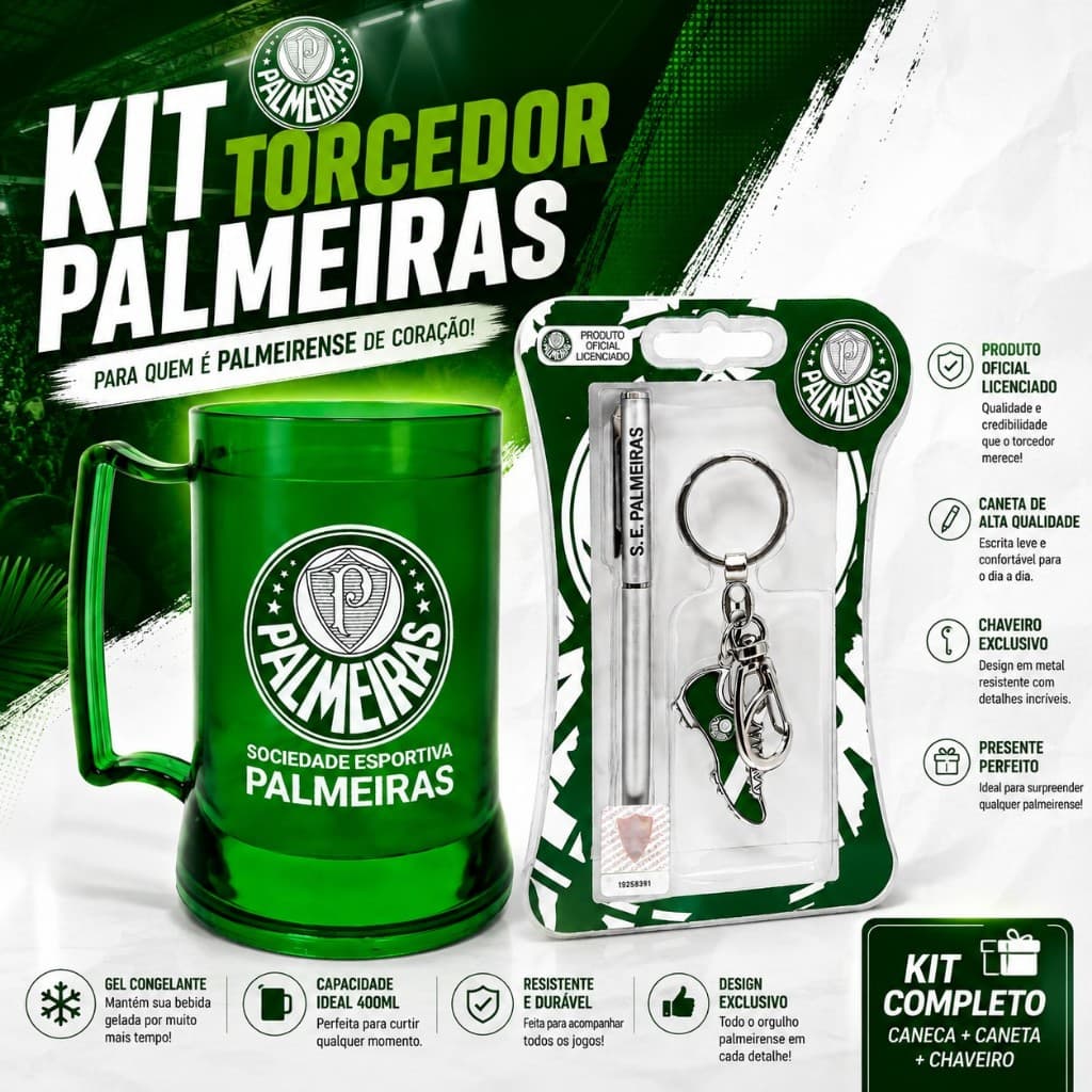 Kit Palmeiras Caneca Térmica Chopp 400ml + Caneta + Chaveiro Original Oficial Presente Torcedor