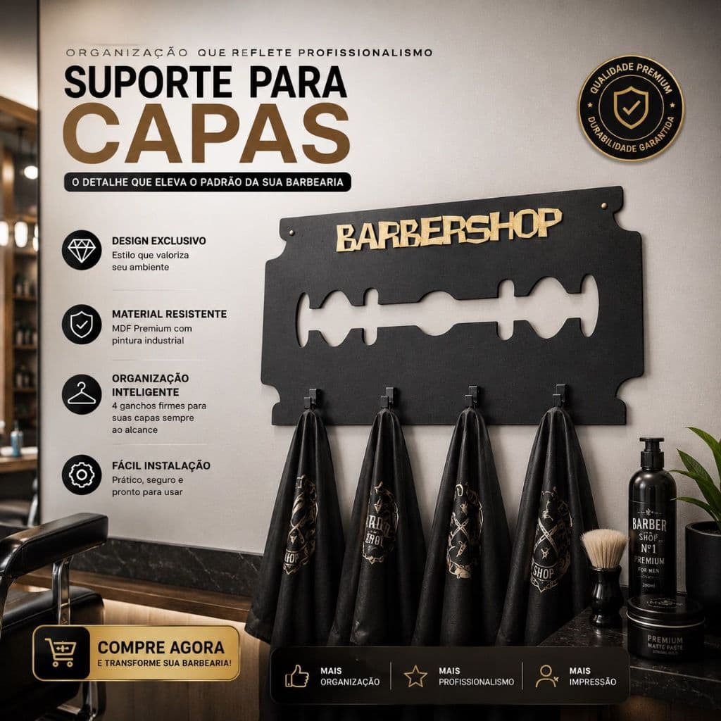 Suporte Cabide CAPAS BARBEARIA 4 Ganchos em MDF Lamina Salão Organizador BarberShop Cabideiro