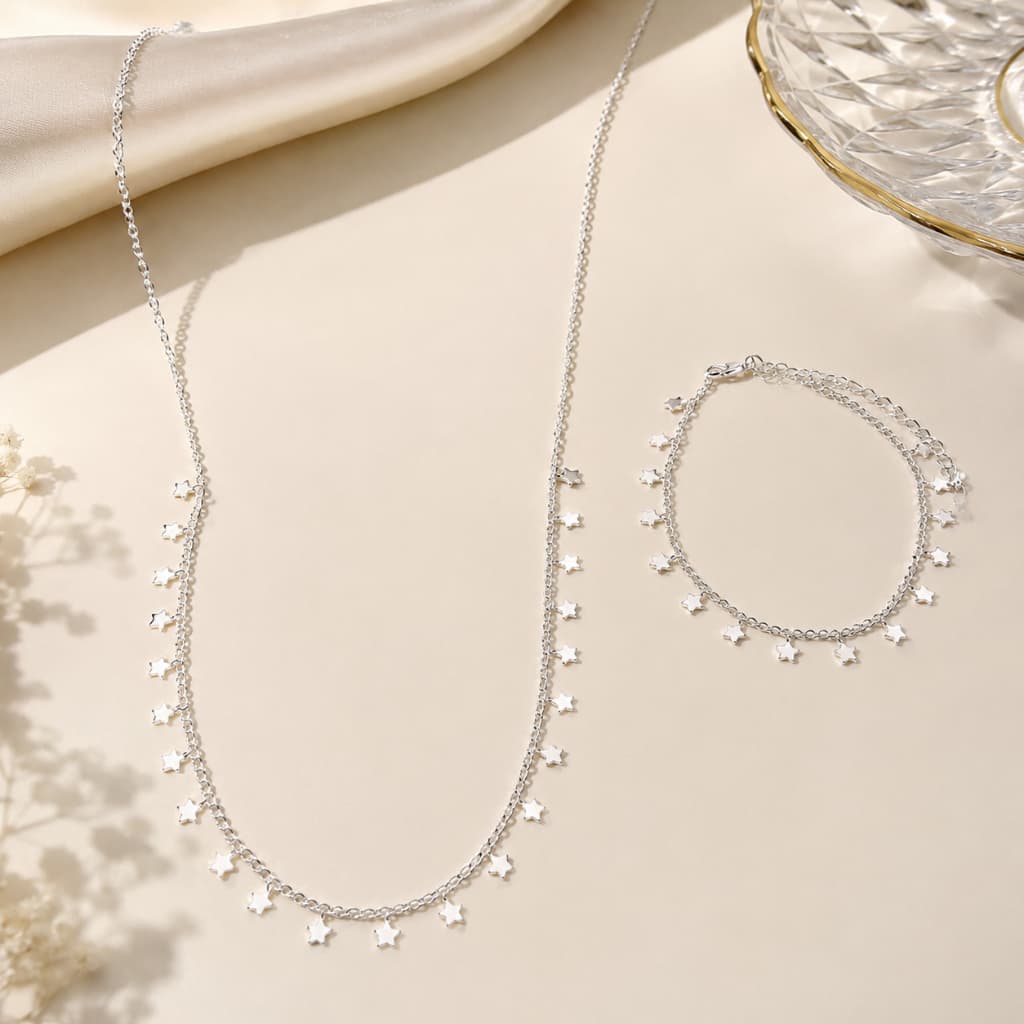 kit colar+pulseira estrela folheado a prata
