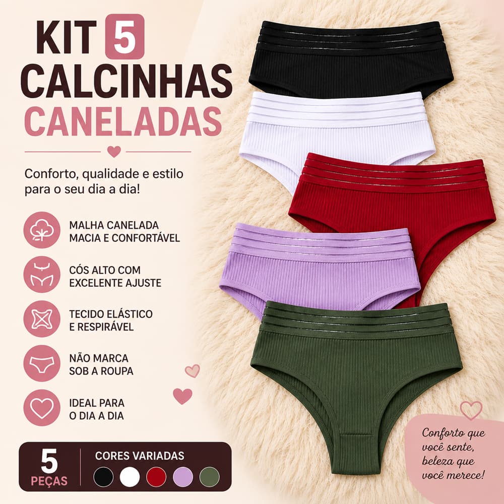 Kit 5 Calcinhas Cintura Alta Canelada Conforto Dia a Dia Premium