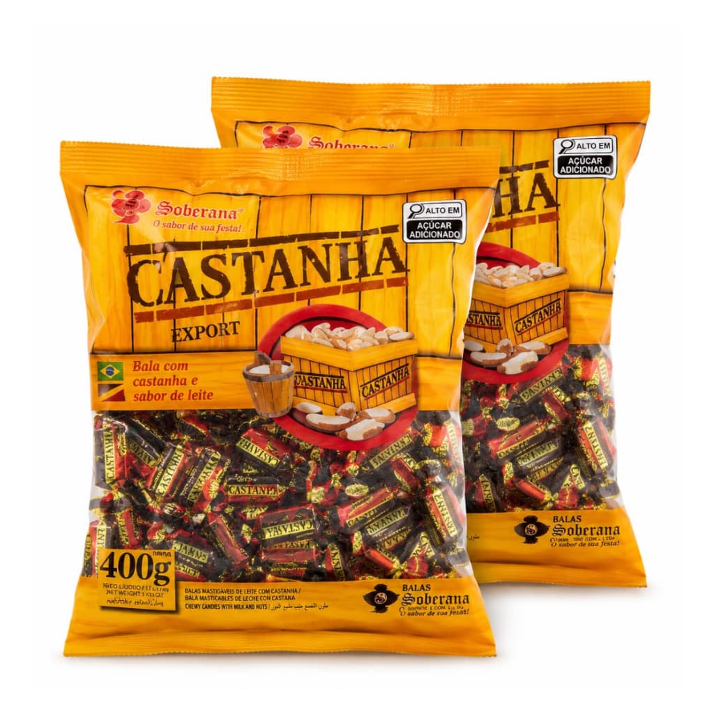 Kit 2 Pacotes Balas Mastigáveis Caramelo Com Castanha Soberana 800g Total