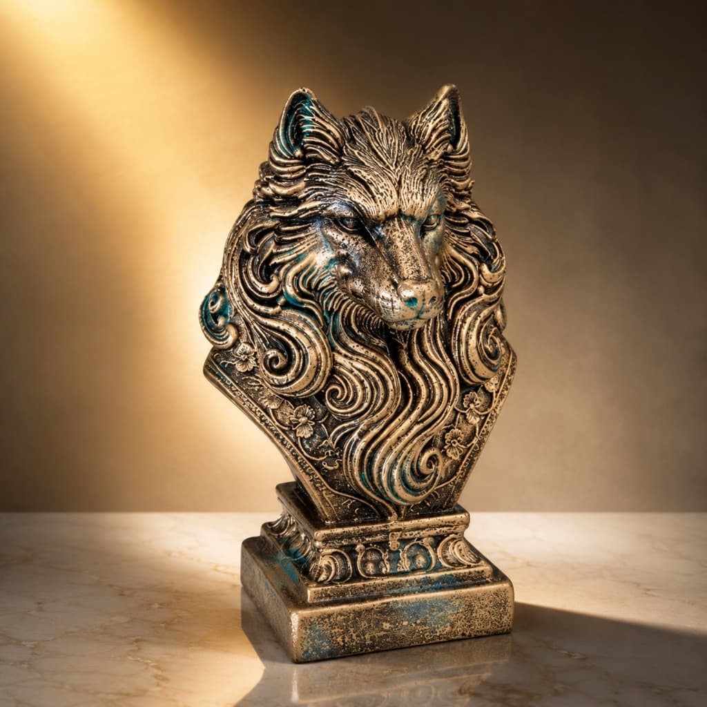Escultura Estatua Busto de Lobo Decorativo em Resina Ouro Velho Sala Escritório Estante