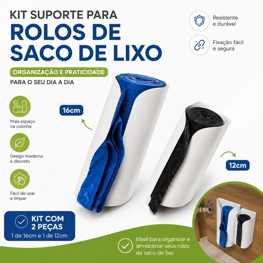 Kit Suporte para Rolos de Saco de Lixo 16 cm e 12 cm – Organizador de Armário