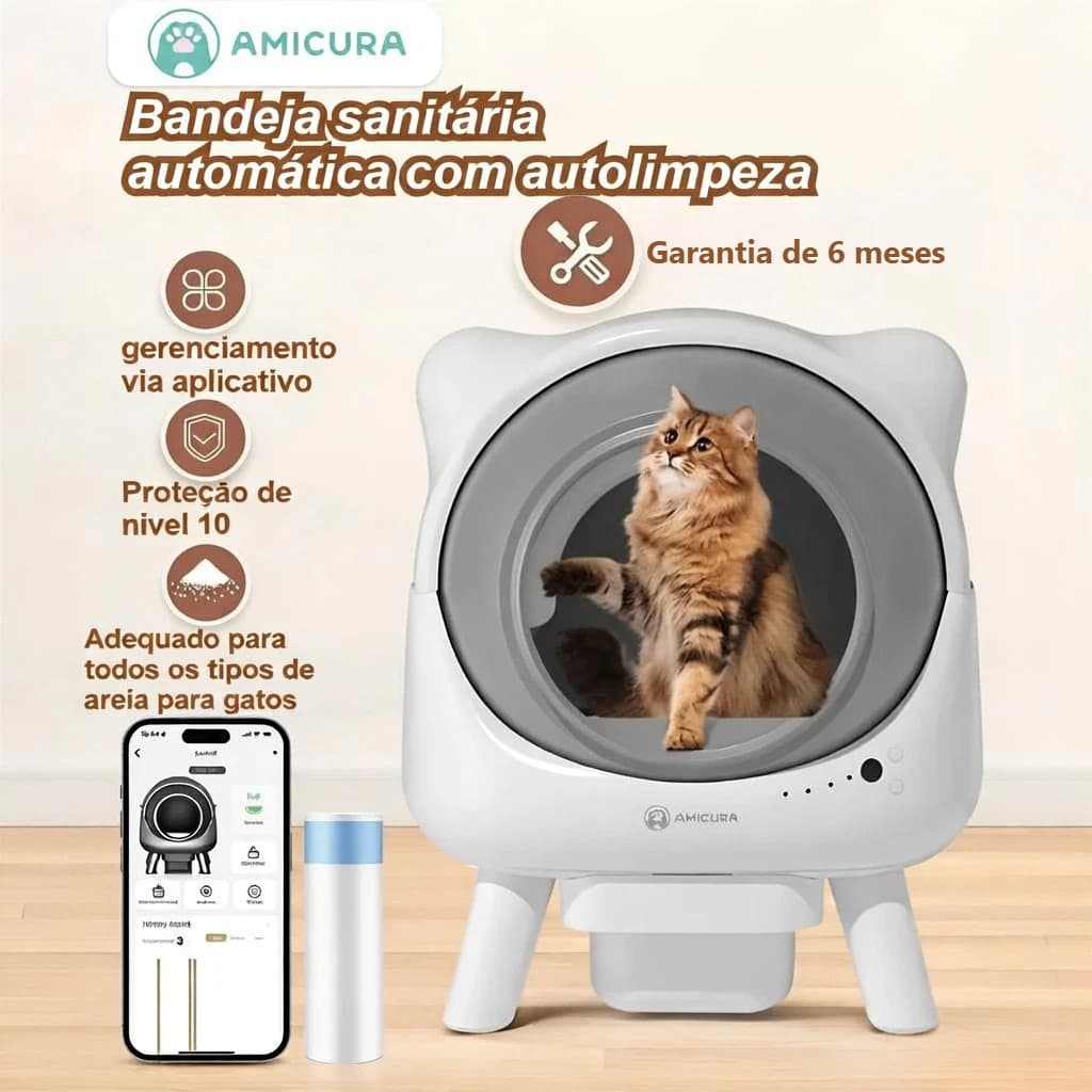 Caixa de Areia Inteligente Amicura Cura X1 Autolimpeza Controle App para Vários Gatos