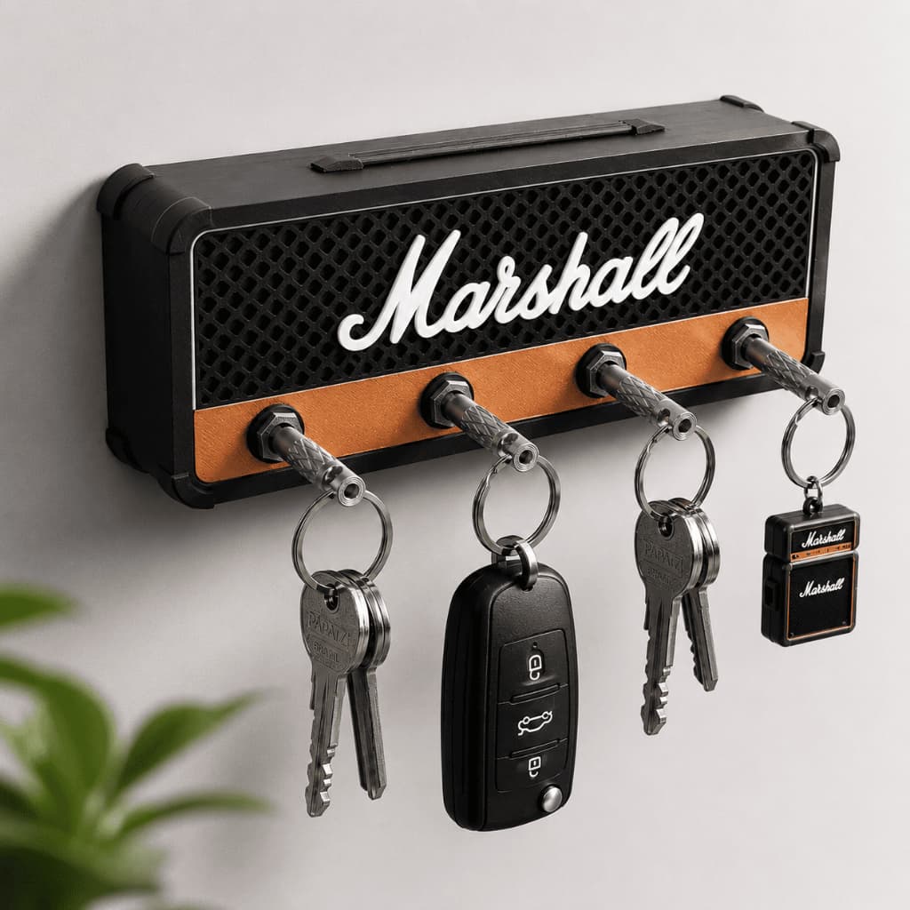 Porta Chaves Parede Marshall com 4 Plugues Guitarra Autoadesivo Organizador Decorativo Dupla Face