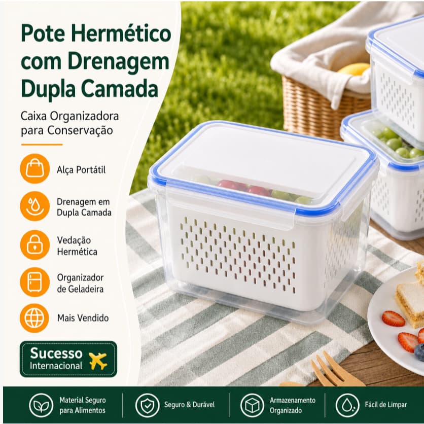 Pote de Mantimento com Escorredor, Caixa Armazenamento para Geladeira Cozinha