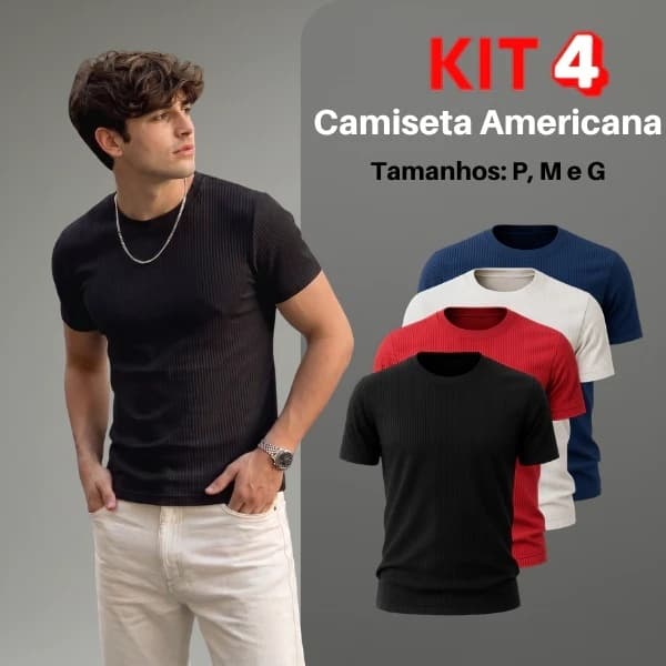 Kit 4 Camiseta Americana Masculina Canelada Slim Fit Básica Ribana Estilo Us Drip Estiloso
