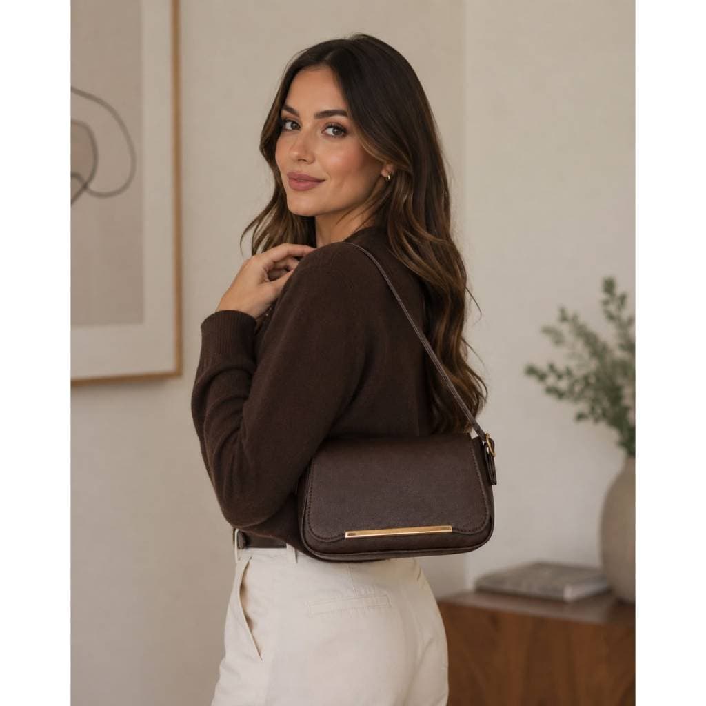 Bolsa feminina de ombro compacta , elegante e versatil , com detalhe metalico Dourado
