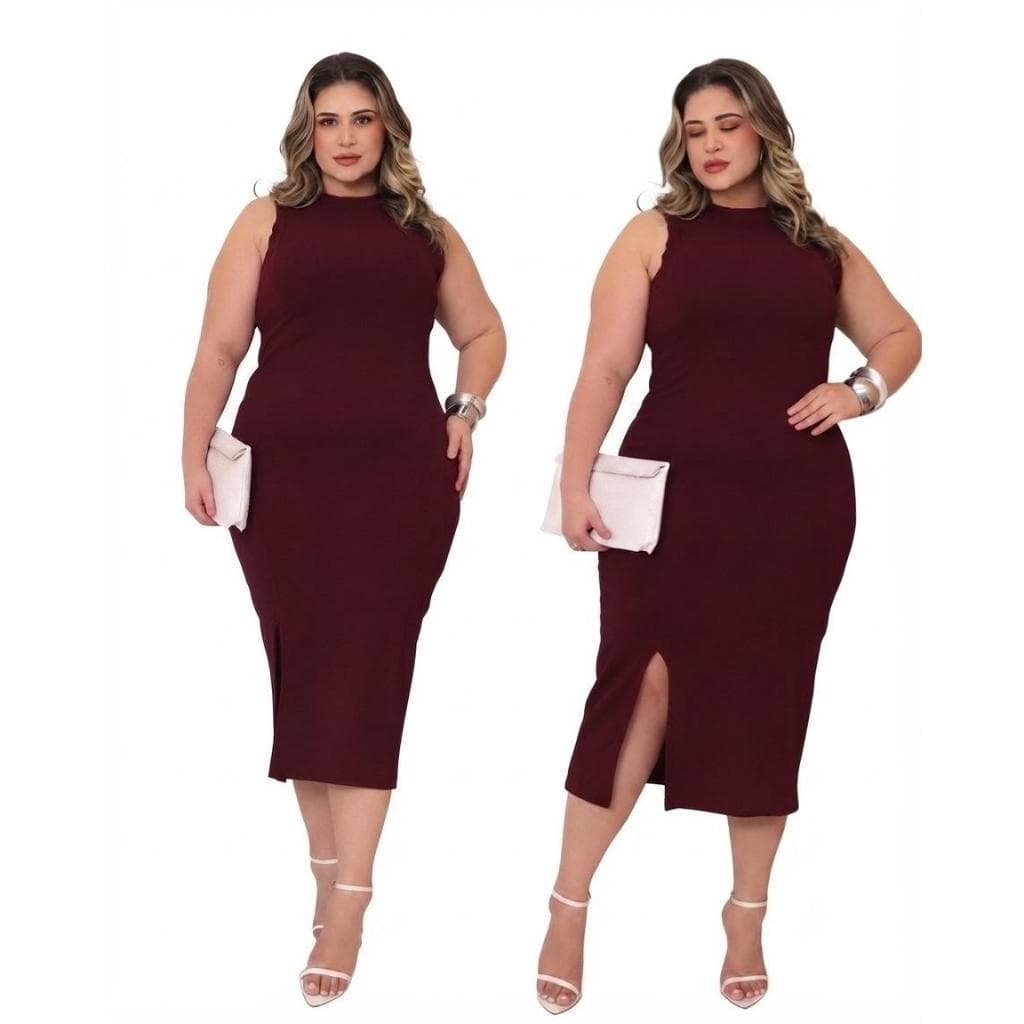 Vestido Feminino Midi Regata Plus Size Gola Redinda Fenda Lateral Canelado  Festa Casual GG G1 G2