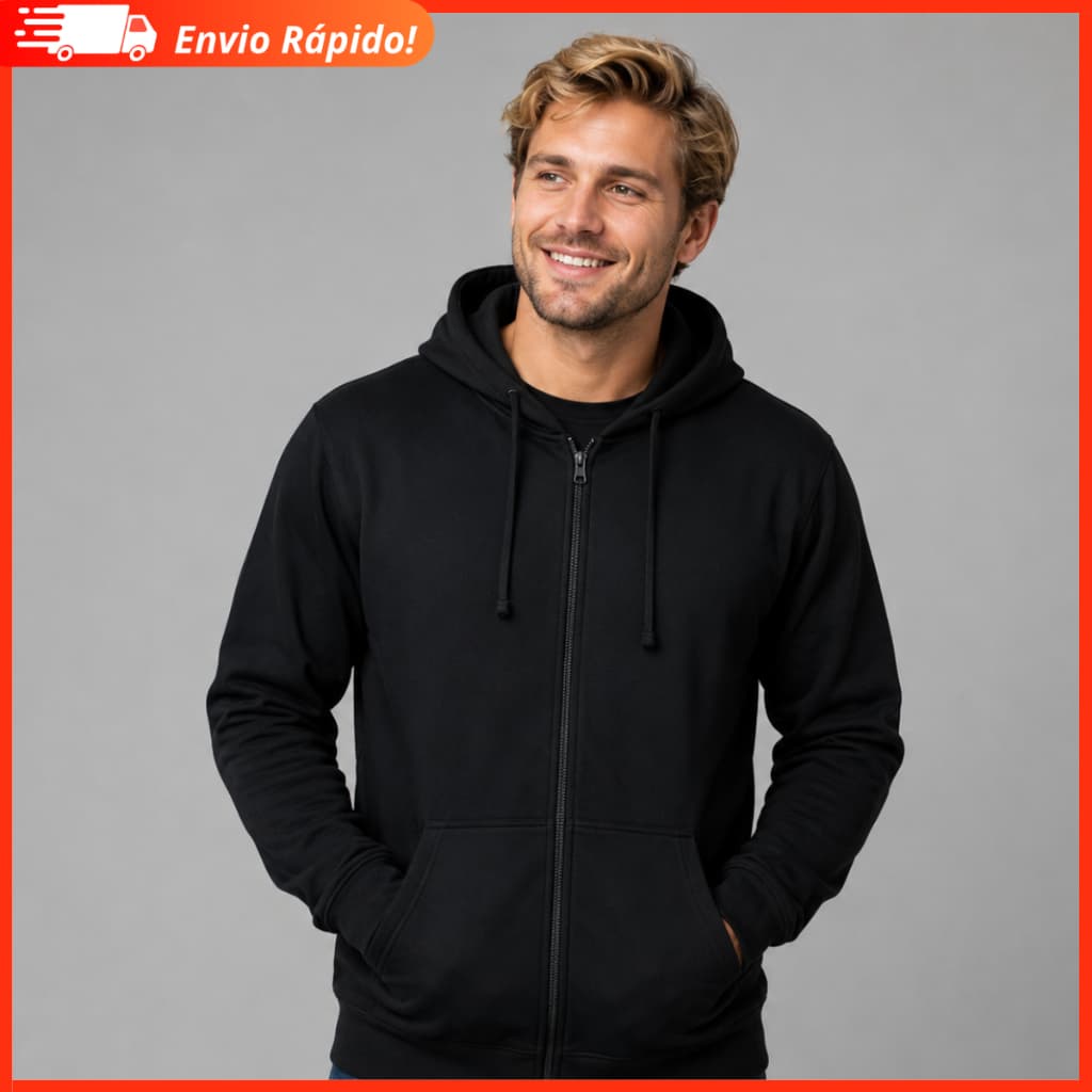 Moletom Preto Com Zíper Masculino Feminino Liso Com Capuz