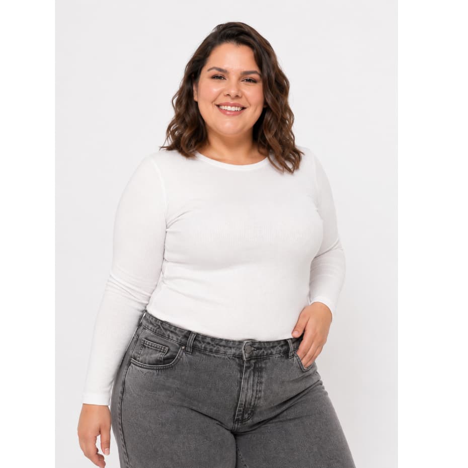 Blusa Feminina Plus Size Manga Longa Ribana Canelada Gola Redonda Básica G GG G1 G2