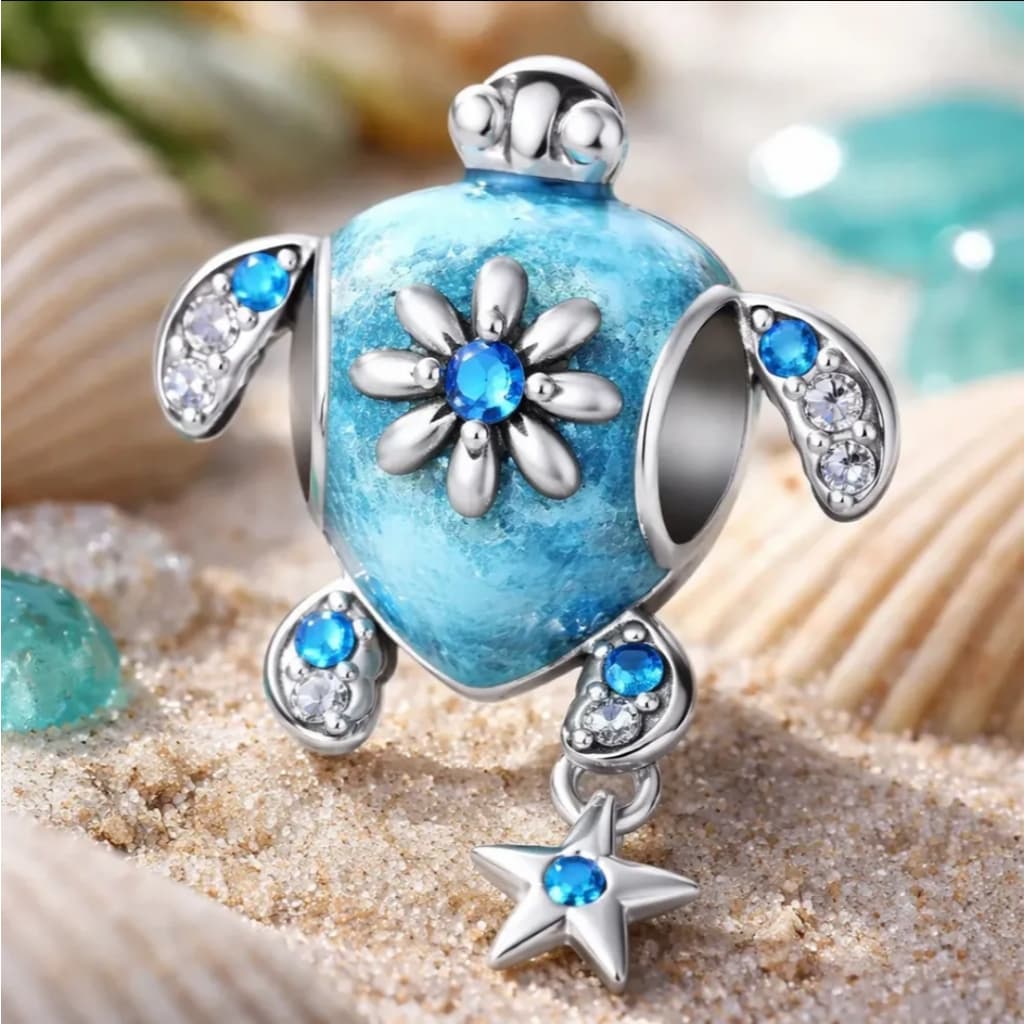 Berloque Pingente Pendente Prata Tartaruga Marinha Oceano Azul Compatível Pulseira Bracelete Colar