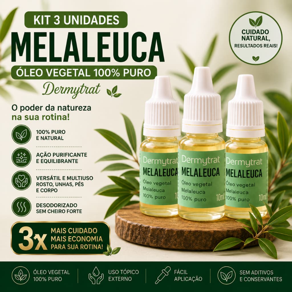 Kit 03 Óleo De Melaleuca 100% Puro Desodorizado 10ml Dermytrat Tea Tree Para Fungos e Micoses nas Unhas Pés Mãos