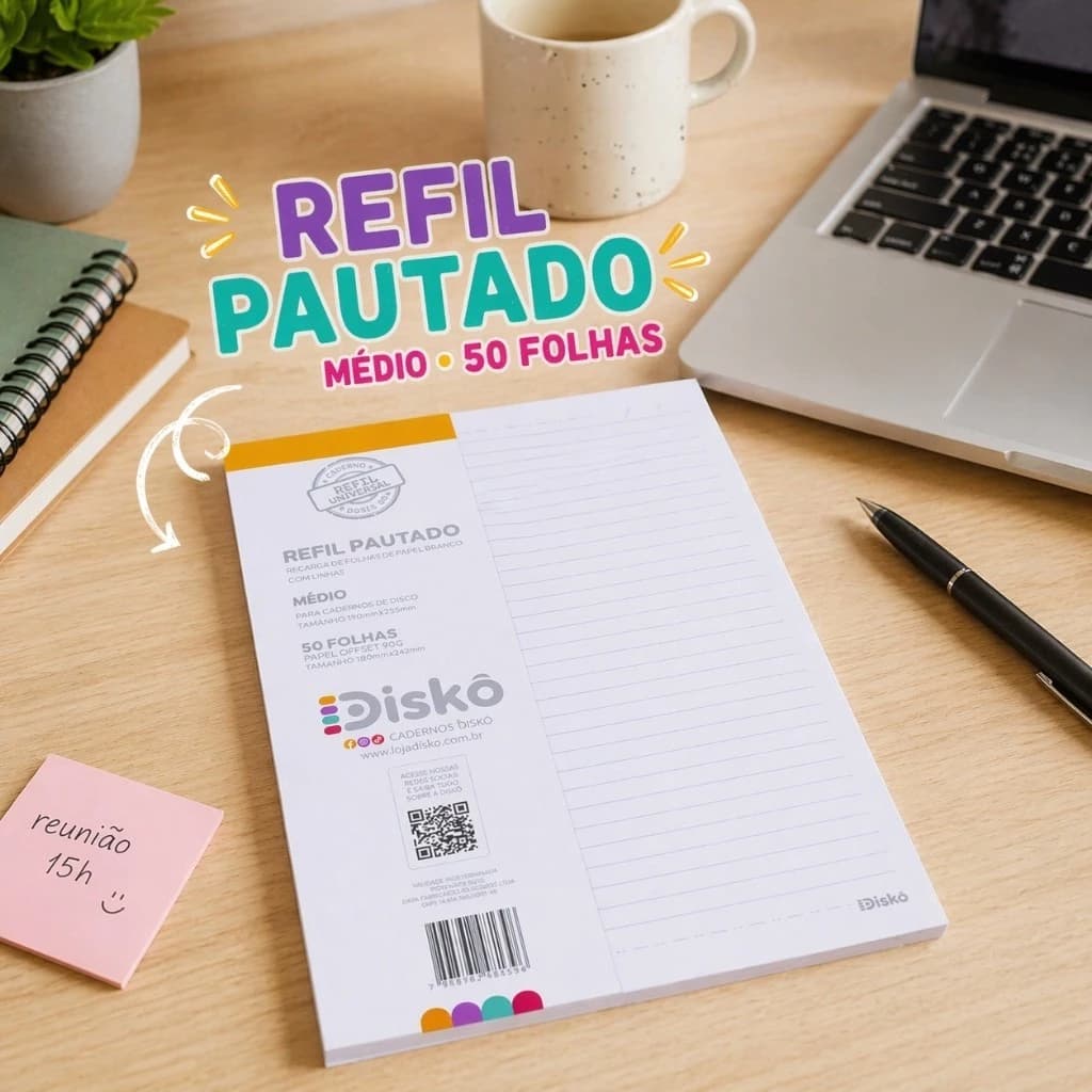 Refil Caderno Reposicionavel Pautado 50 Folhas Medio Escolar Organizador Anotacoes
