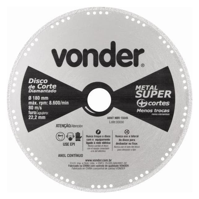 Disco Corte Vonder Diamantado Liso para Metais 180mm