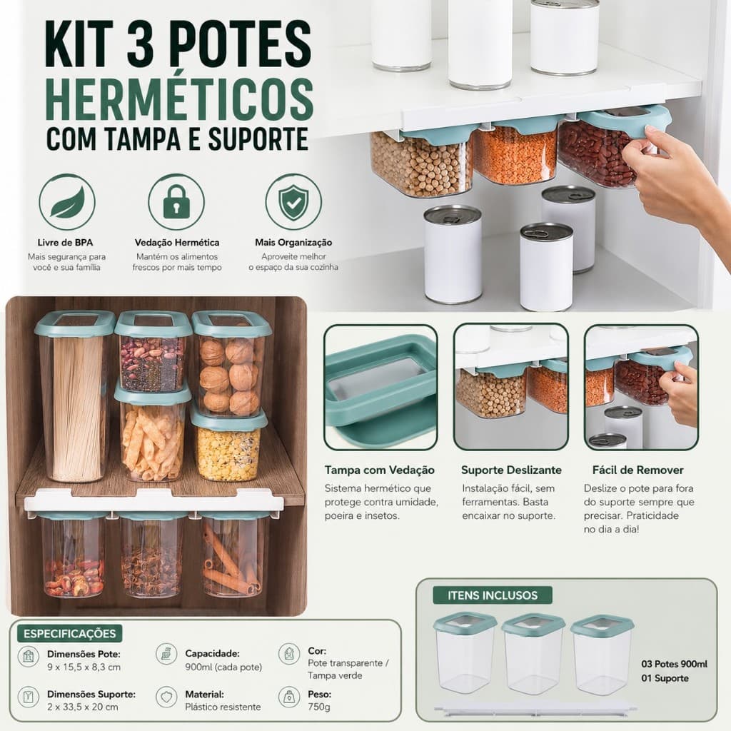 Kit Três Potes Herméticos Com Tampa Suporte Verde Organização Cozinha Conservação Alimentos