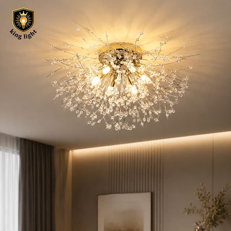 Lustre De Teto Cristal Dente de Leão 6 Luzes Moderno Dourado para Sala Jantar Quarto Teto Decorativo