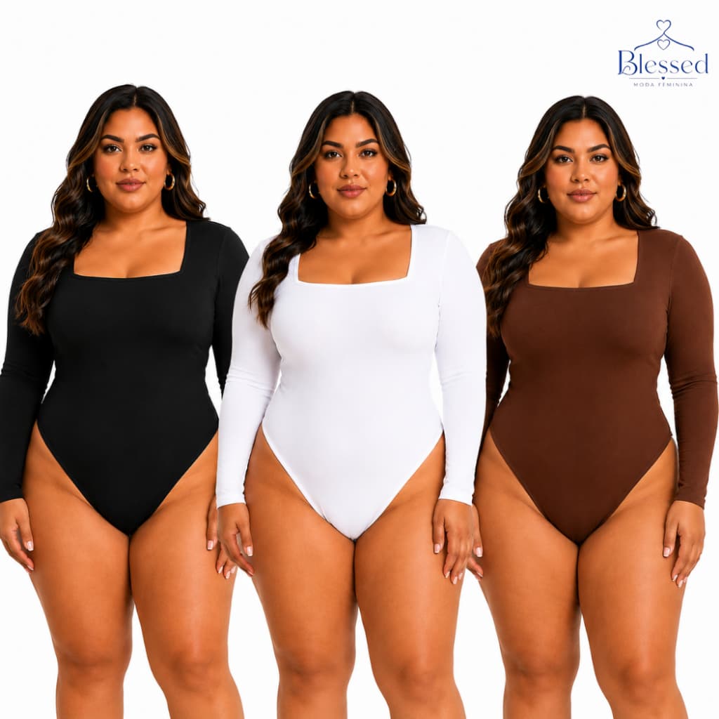 Kit 3 Body Plus Size Manga Longa Decote Quadrado Suplex