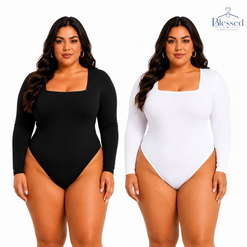 Body Feminino Plus Size Decote Quadrado Manga Longa Suplex