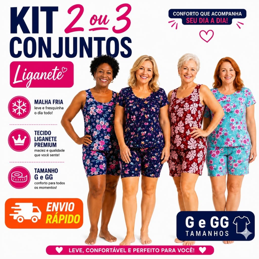 Conjunto Feminino Plus Size Liganete Premium | Malha Fria | Regata e Manga Curta | G e GG