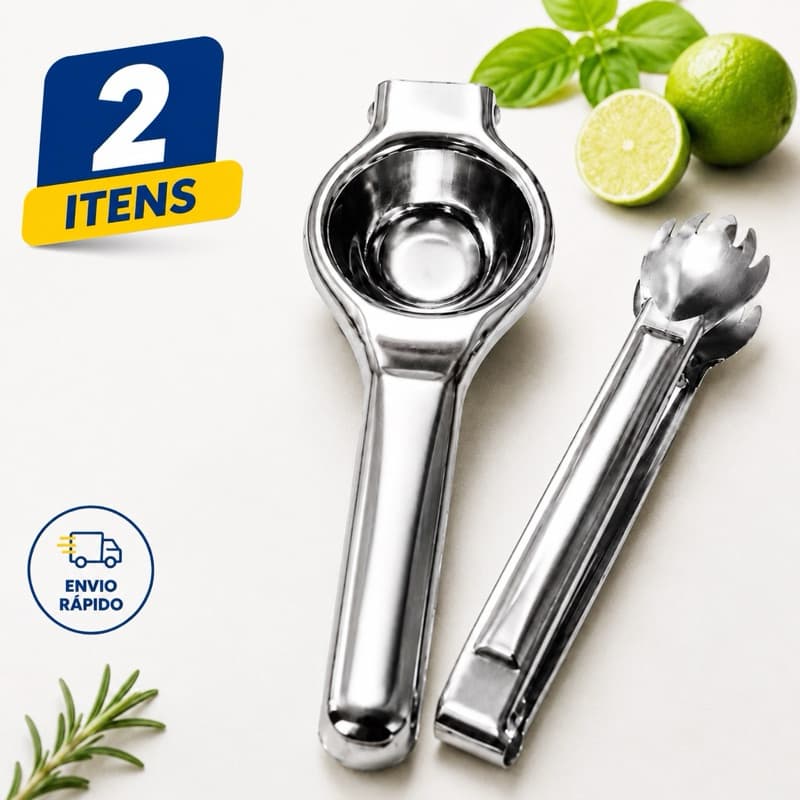 Kit Espremedor De Limão E Pegador Multiuso Aço Inox 2 Itens Para Drinks Cozinha Bar
