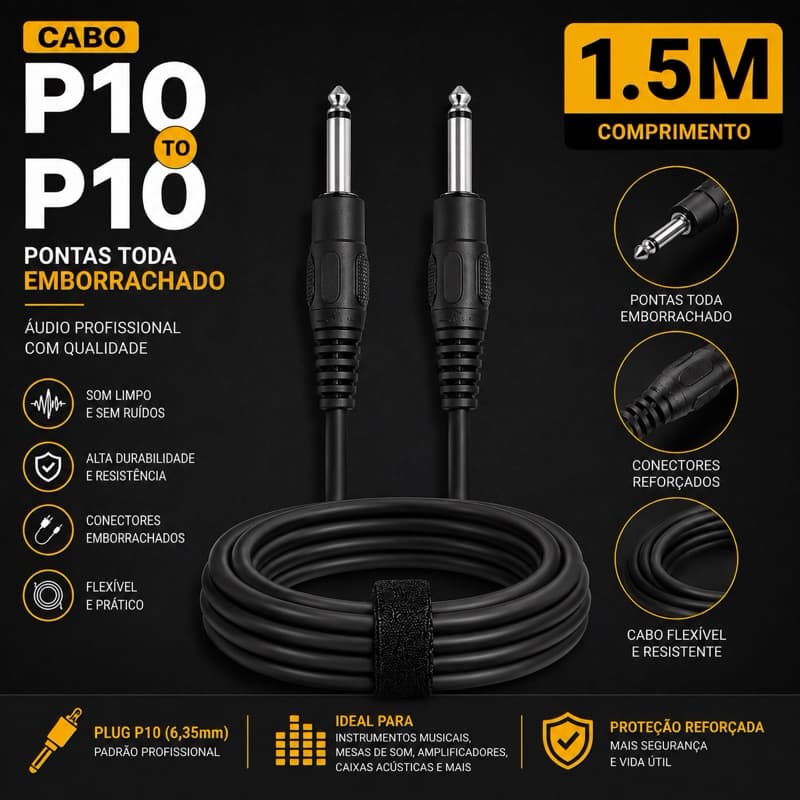 Kit Cabo P10 1.5M Para Guitarra Violão Contra Baixo Teclado Amplificador